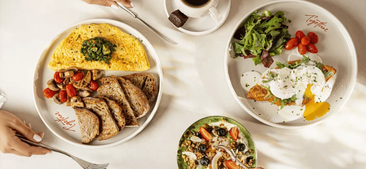 Brunch: omelette, eggs and bowls