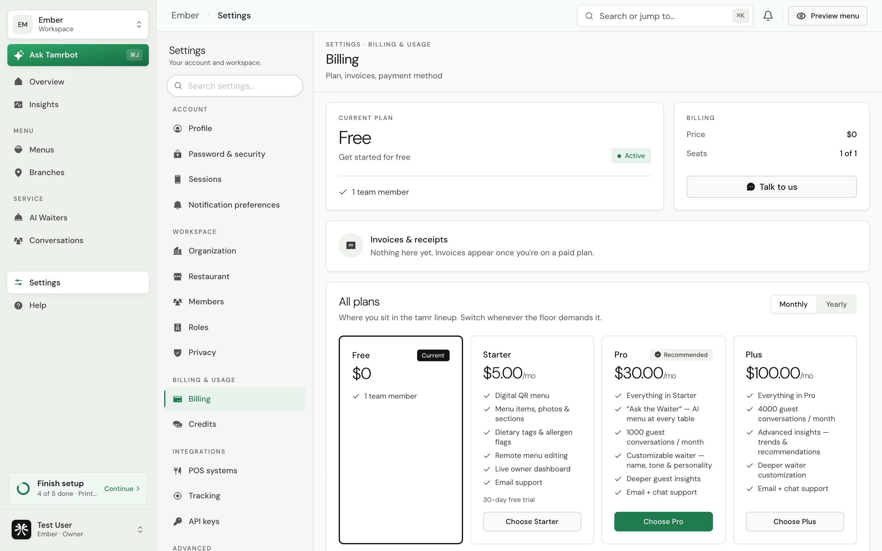 The Billing settings in tamr, showing the current plan and billing details