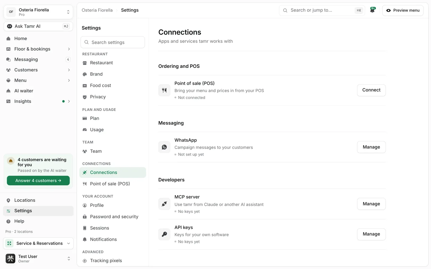 Settings, Connections, with Point of sale, WhatsApp, MCP server and API keys, each with a status and a button
