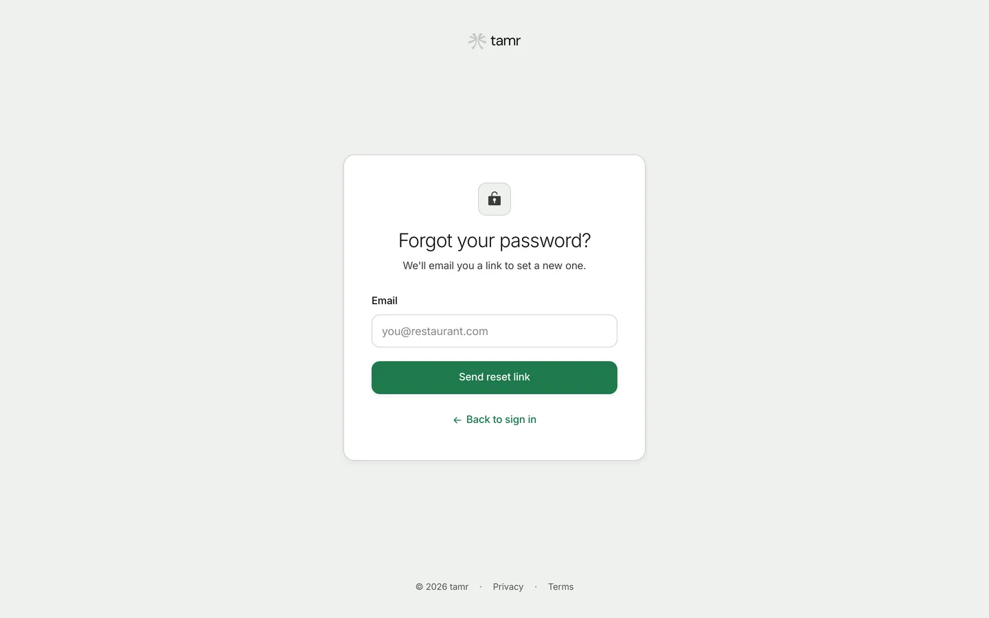 The Forgot your password page with an Email field, a Send reset link button and Back to sign in