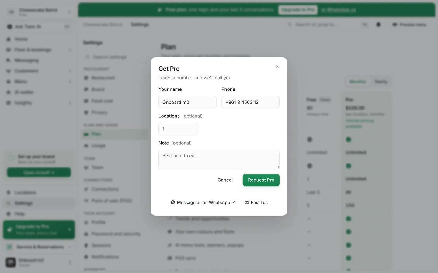 The Get Pro dialog with Your name, Phone, Locations and Note fields, a Request Pro button, and WhatsApp and email links