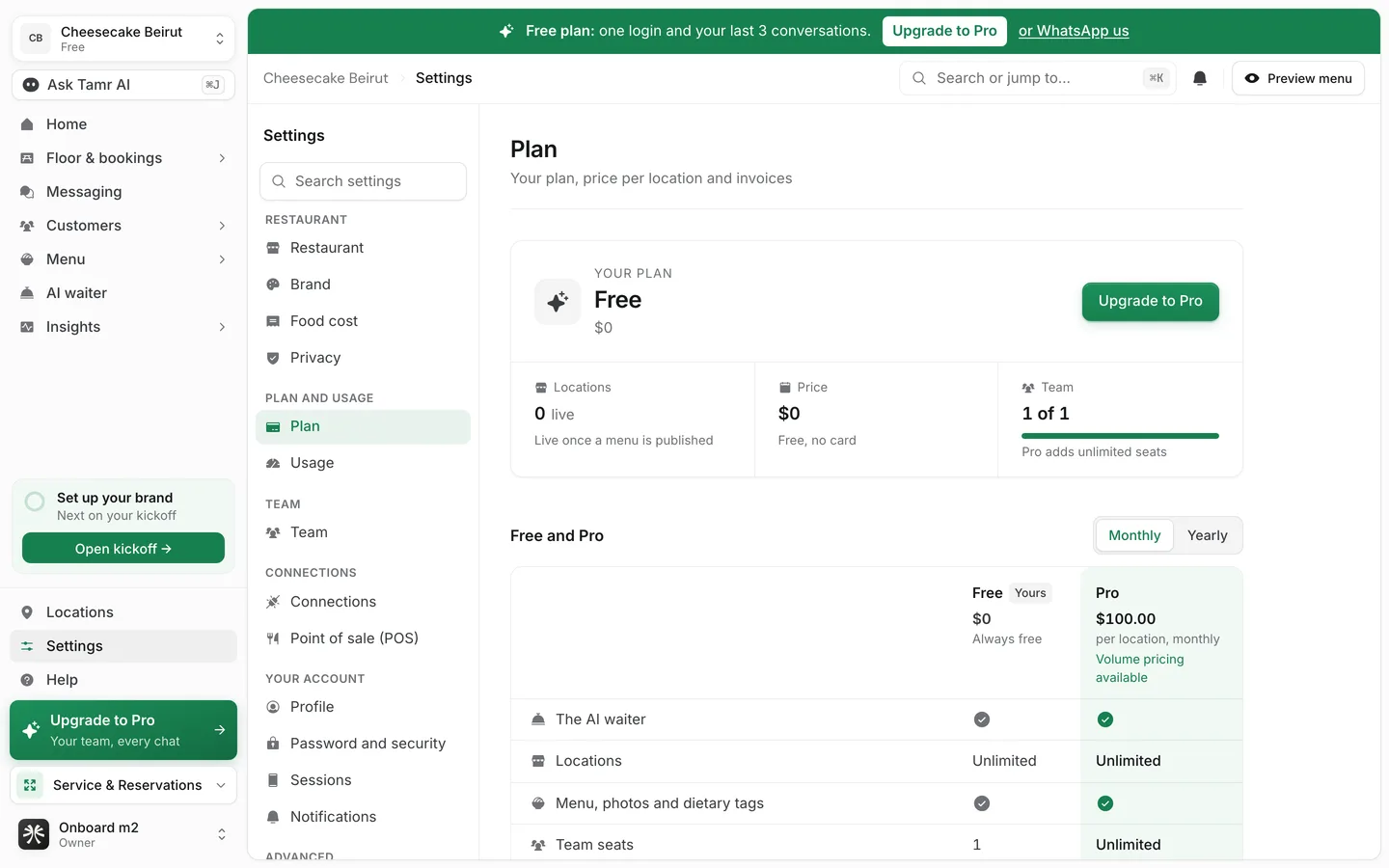 The Plan page on the Free plan, with the plan card, locations, price and team figures, and the Free and Pro table