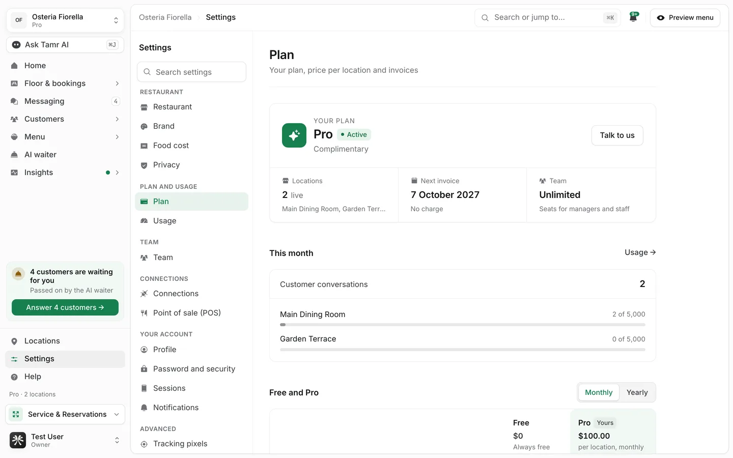 The Plan page on Pro, with the plan card, Locations, Next invoice and Team figures, and this month's conversations per location