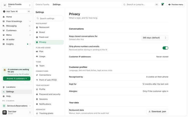Settings, Privacy, with Conversations retention, the Strip phone numbers and emails switch, Customer profiles, and Your data