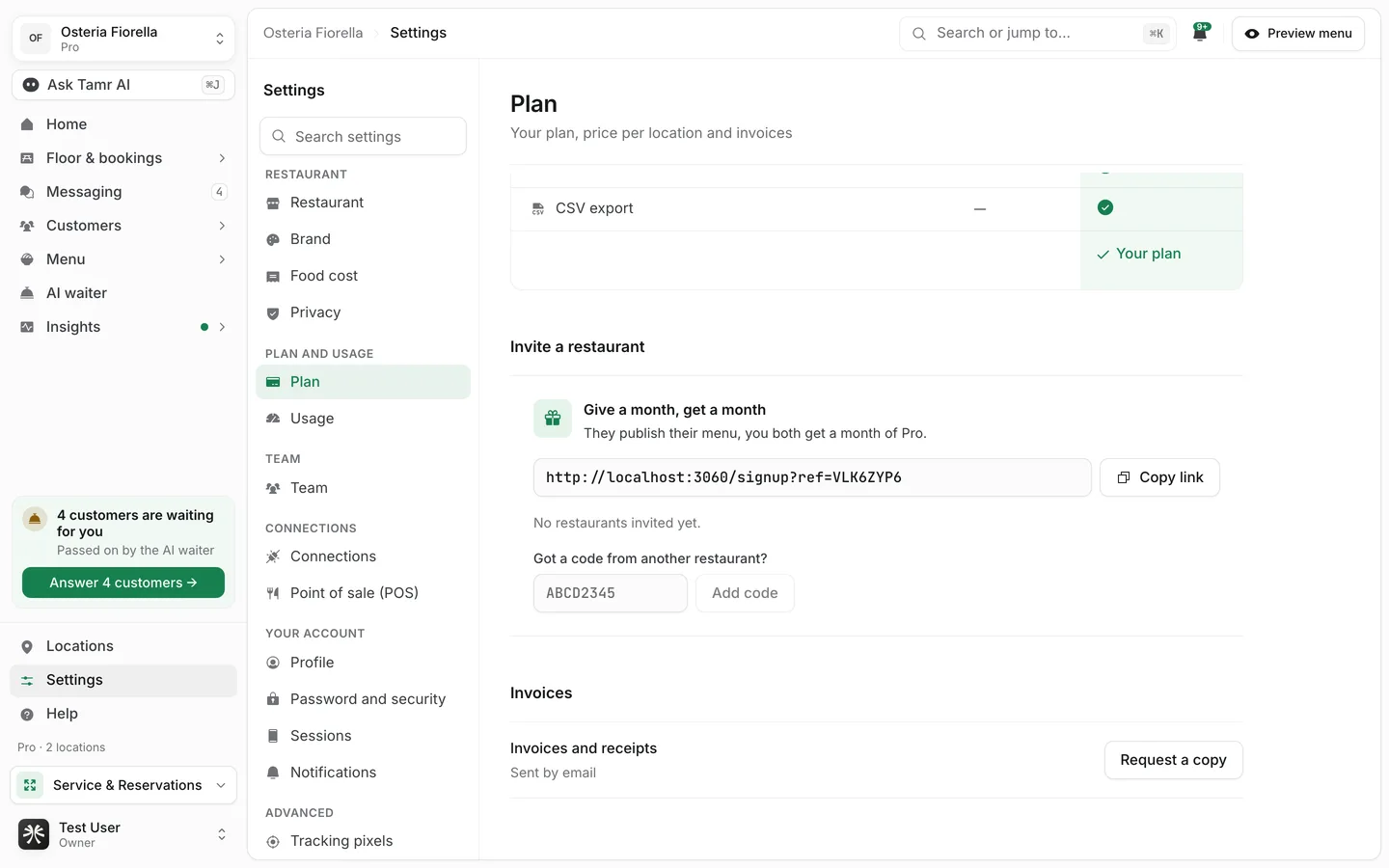 The Invite a restaurant section on the Plan page, with Give a month, get a month, an invite link with Copy link, and a field for a code from another restaurant