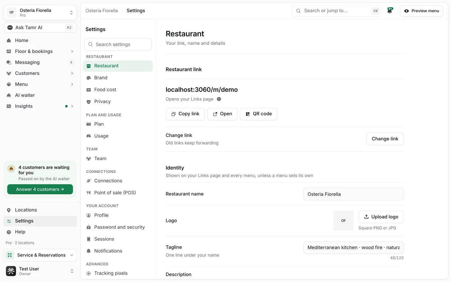 Settings open on the Restaurant page, with the settings list on the left grouped into Restaurant, Plan and usage, Team, Connections, Your account and Advanced