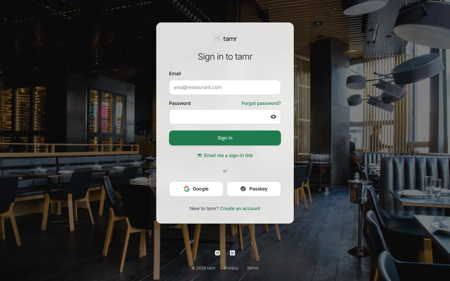 The Sign in to tamr page: Email and Password fields with Forgot password?, a Sign in button, Email me a sign-in link, Google and Passkey buttons, and Create an account