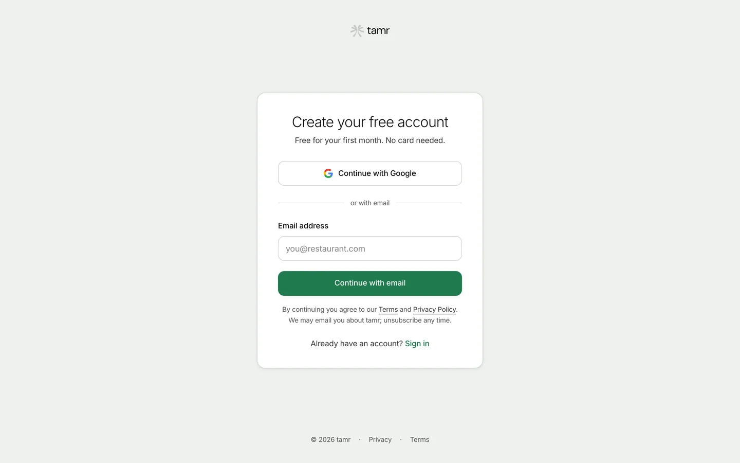 The Create your free account page with Continue with Google, an Email address field and a Continue with email button