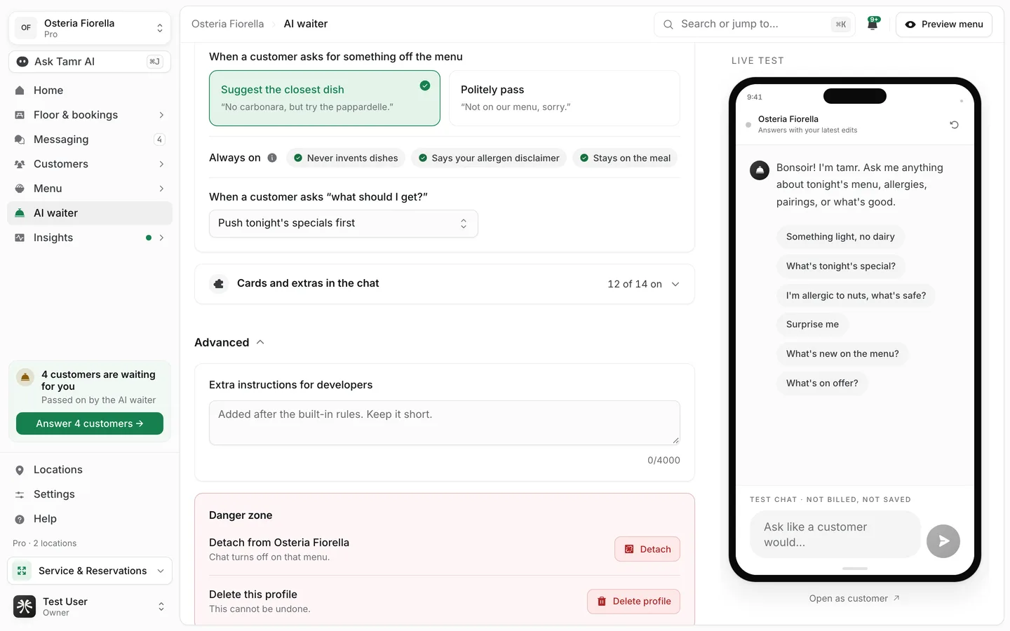 The Advanced section of the AI waiter editor, open, with the developer instructions box and the danger zone with Detach and Delete profile