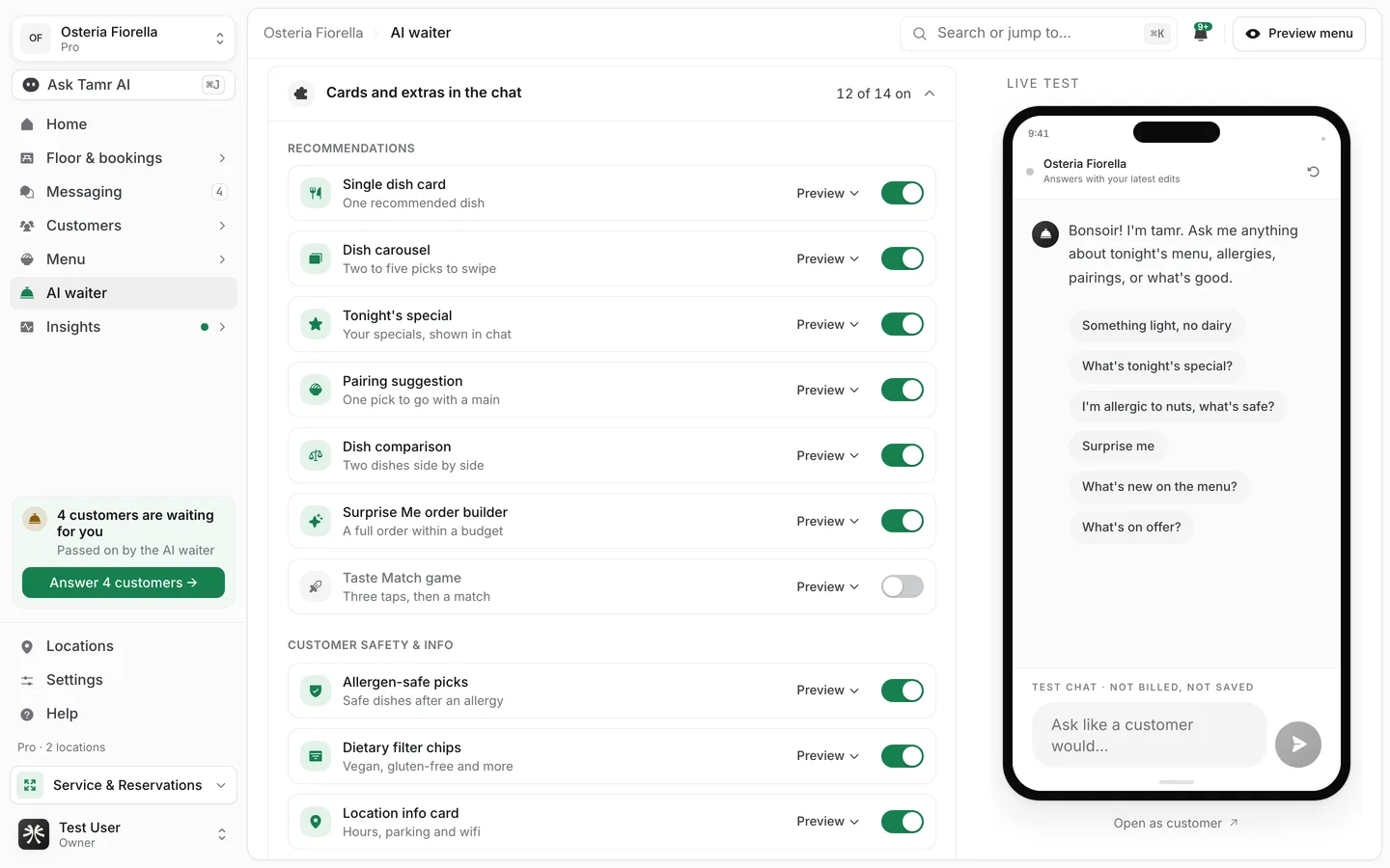 The Cards and extras in the chat list, open, with switches grouped under Recommendations, Customer safety and info, and Quick taps and service