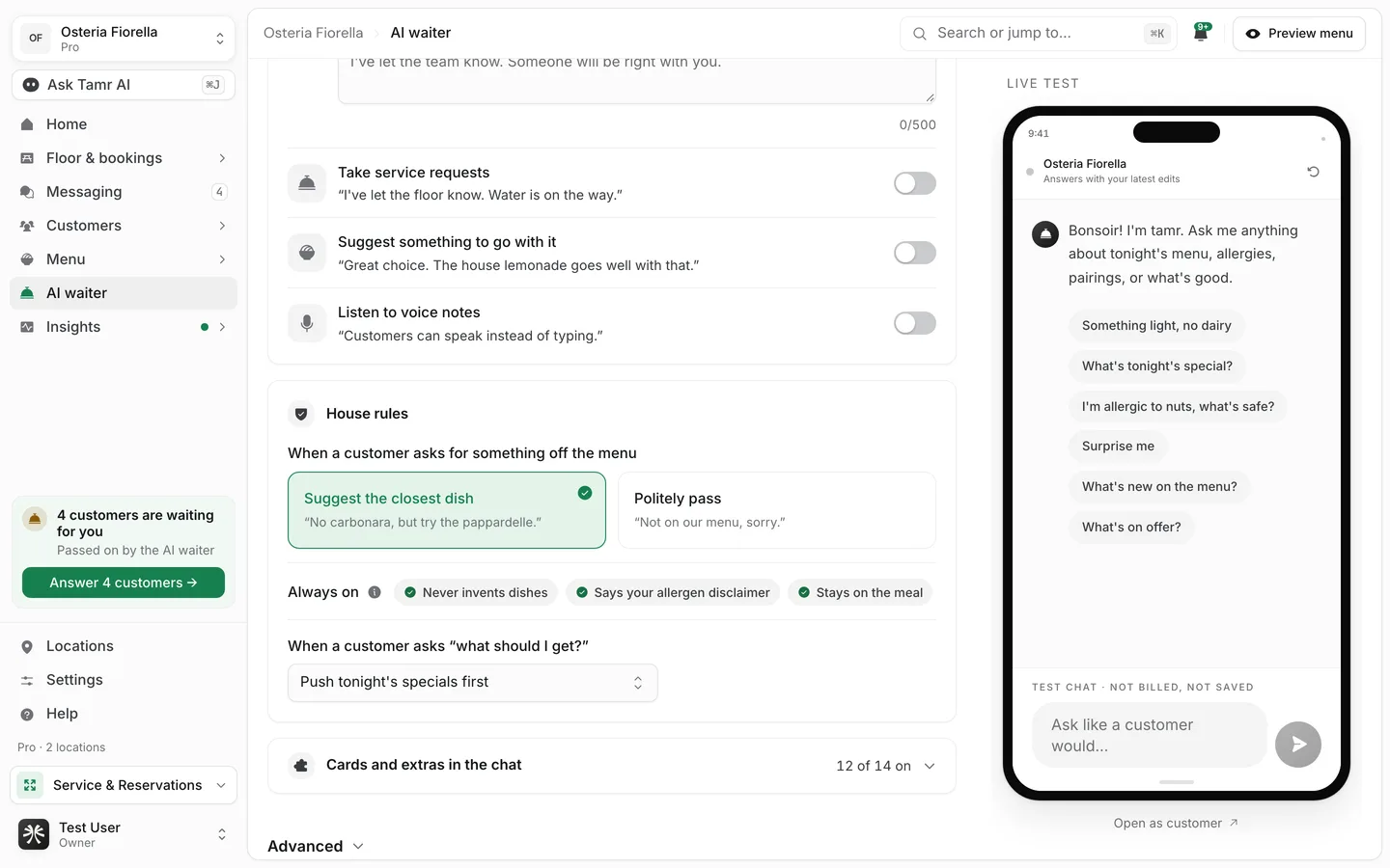 The House rules card with two off-menu options, the Always on rules, and the recommendation dropdown