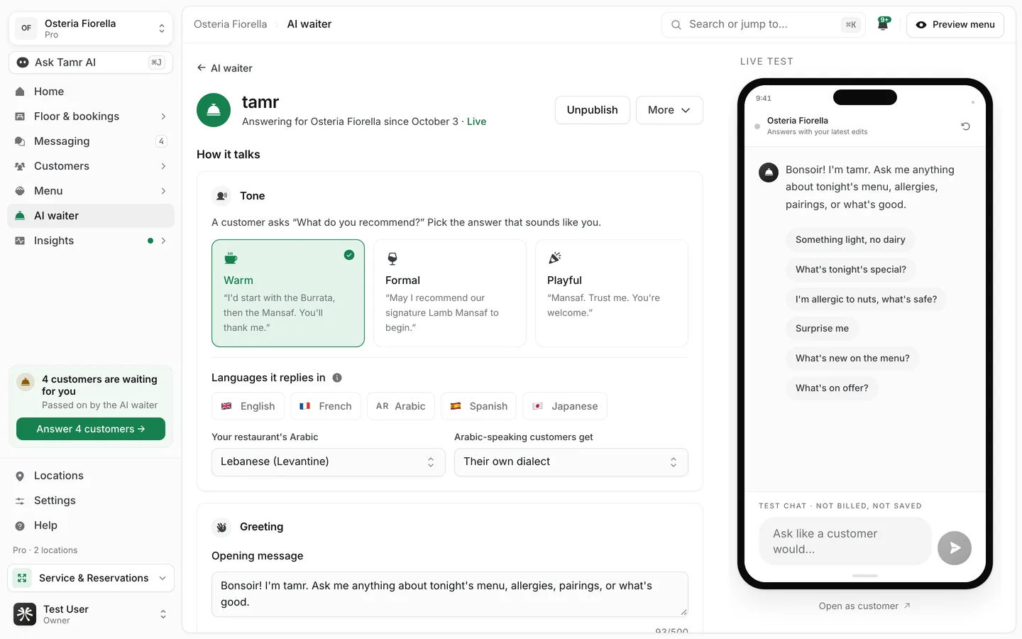 The AI waiter editor with the internal label at the top, the Live status, the Publish and More buttons, and the How it talks section