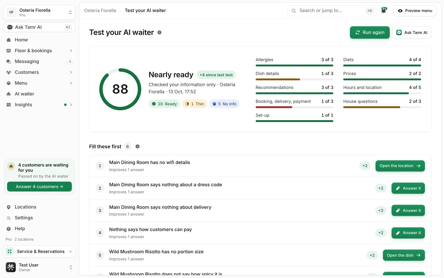 The Test your AI waiter page with the score ring, the verdict counts, and scores by category