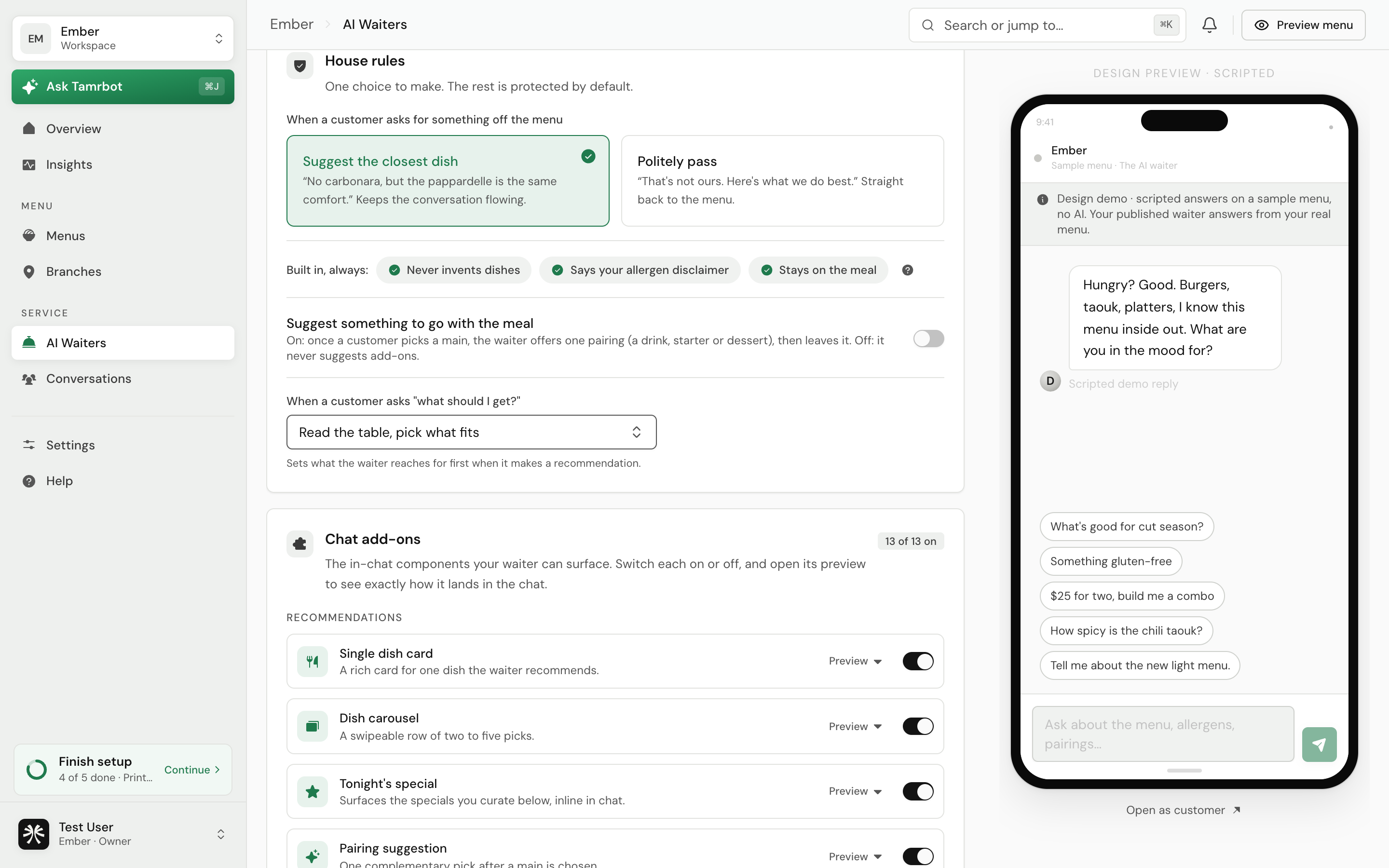 The Behaviour tab of the tamr waiter editor, with off-menu handling, built-in rules, and recommendation style