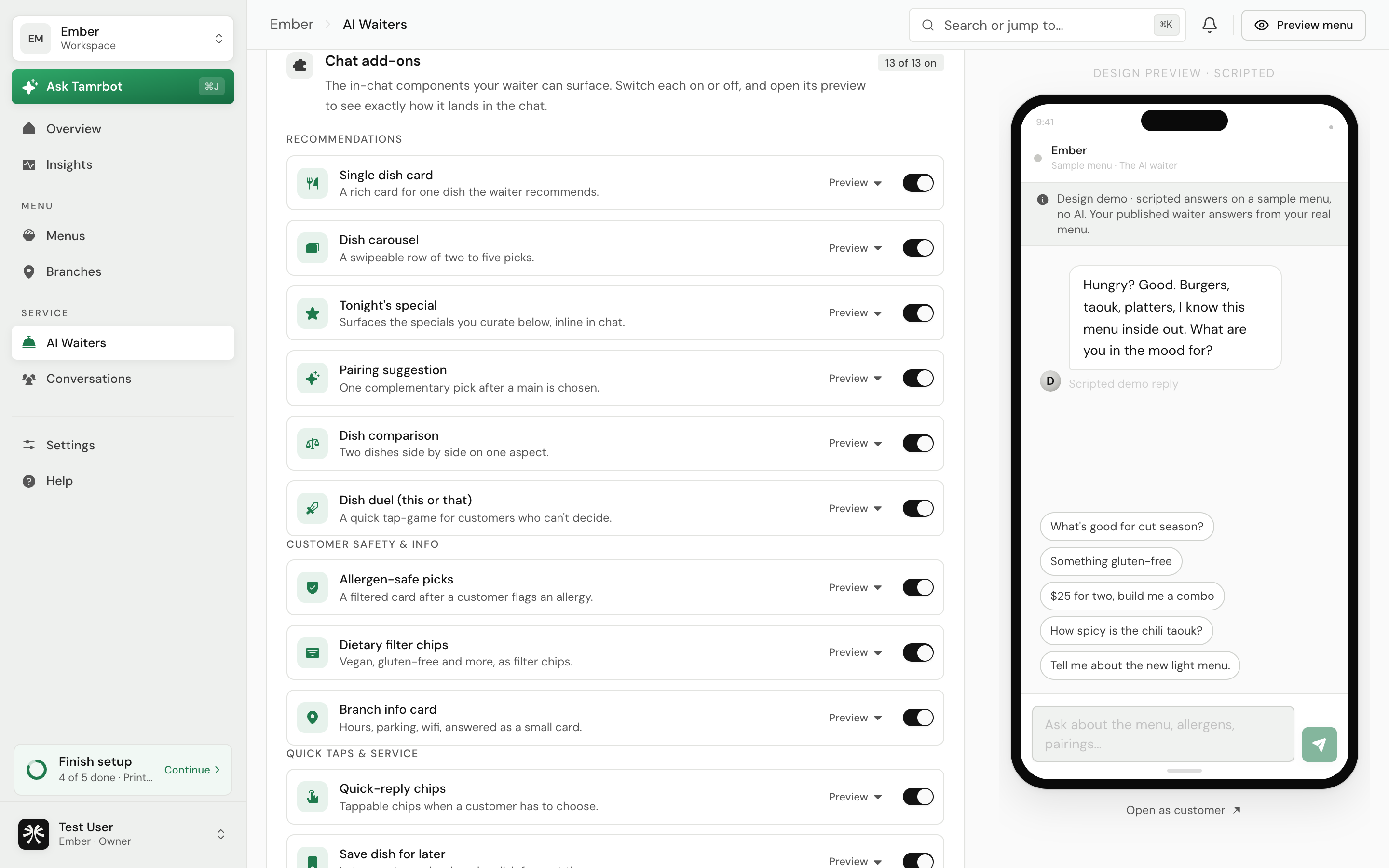 The Cards and specials tab of the tamr waiter editor, showing chat cards grouped by purpose