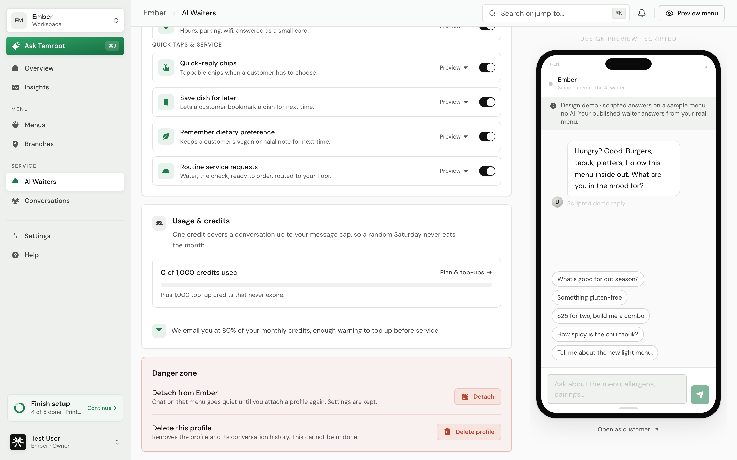 The Engine tab of the tamr waiter editor, showing usage and credits and the danger zone