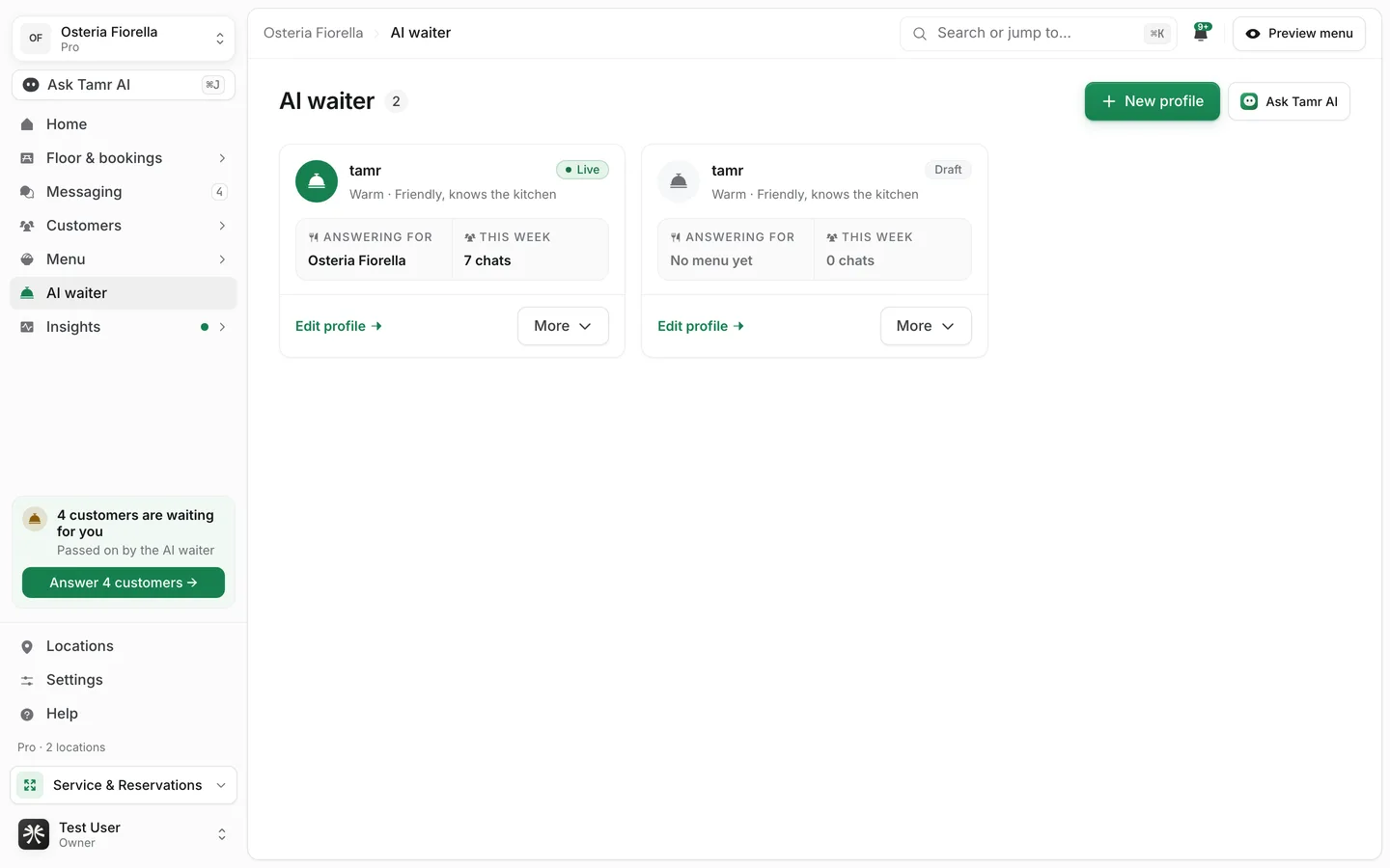 The AI waiter page with two profiles as cards, one Live and one Draft, each with the menu it answers for and its chats this week