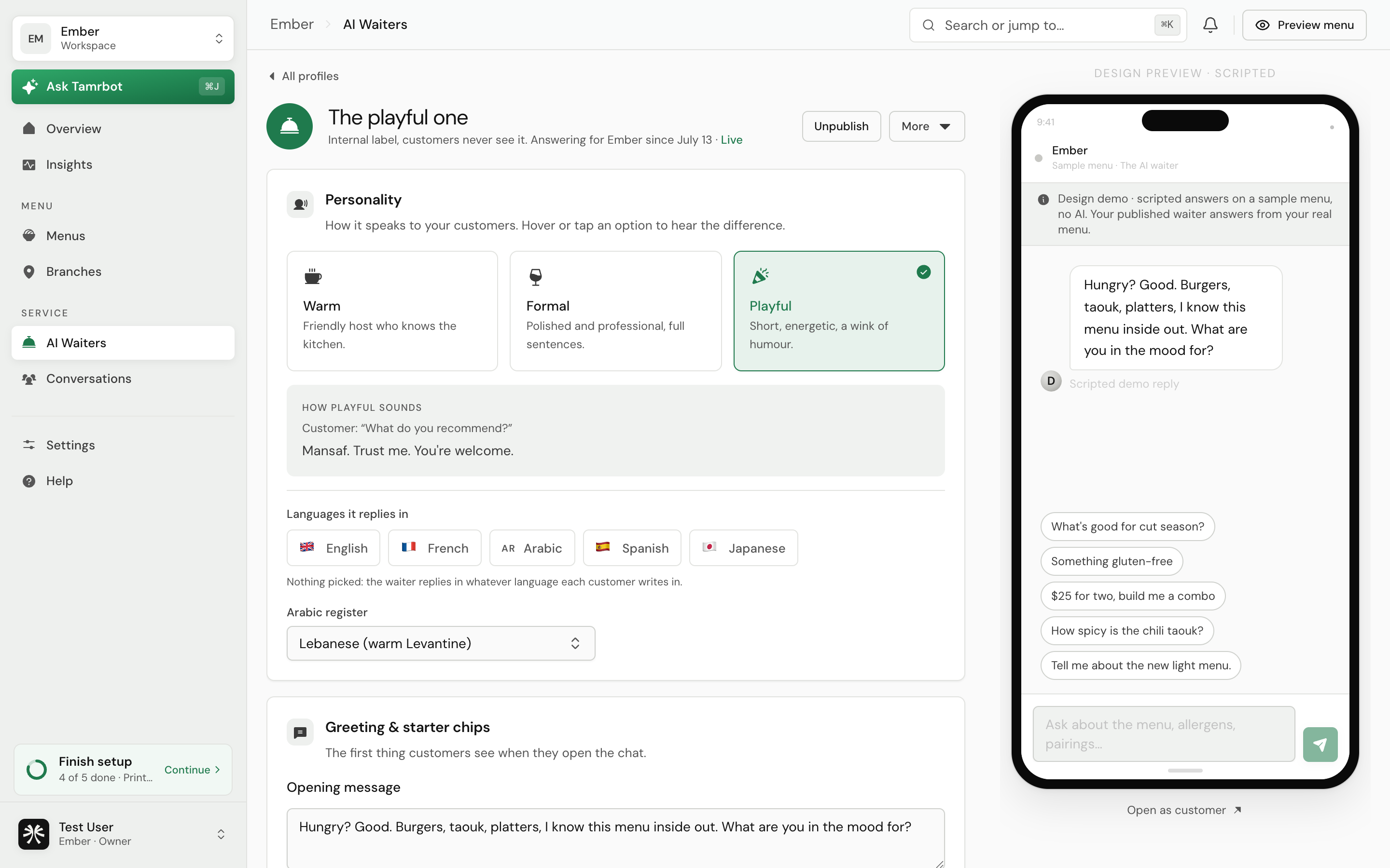 The Voice tab of the tamr waiter editor, with tone options, languages, and a live chat preview