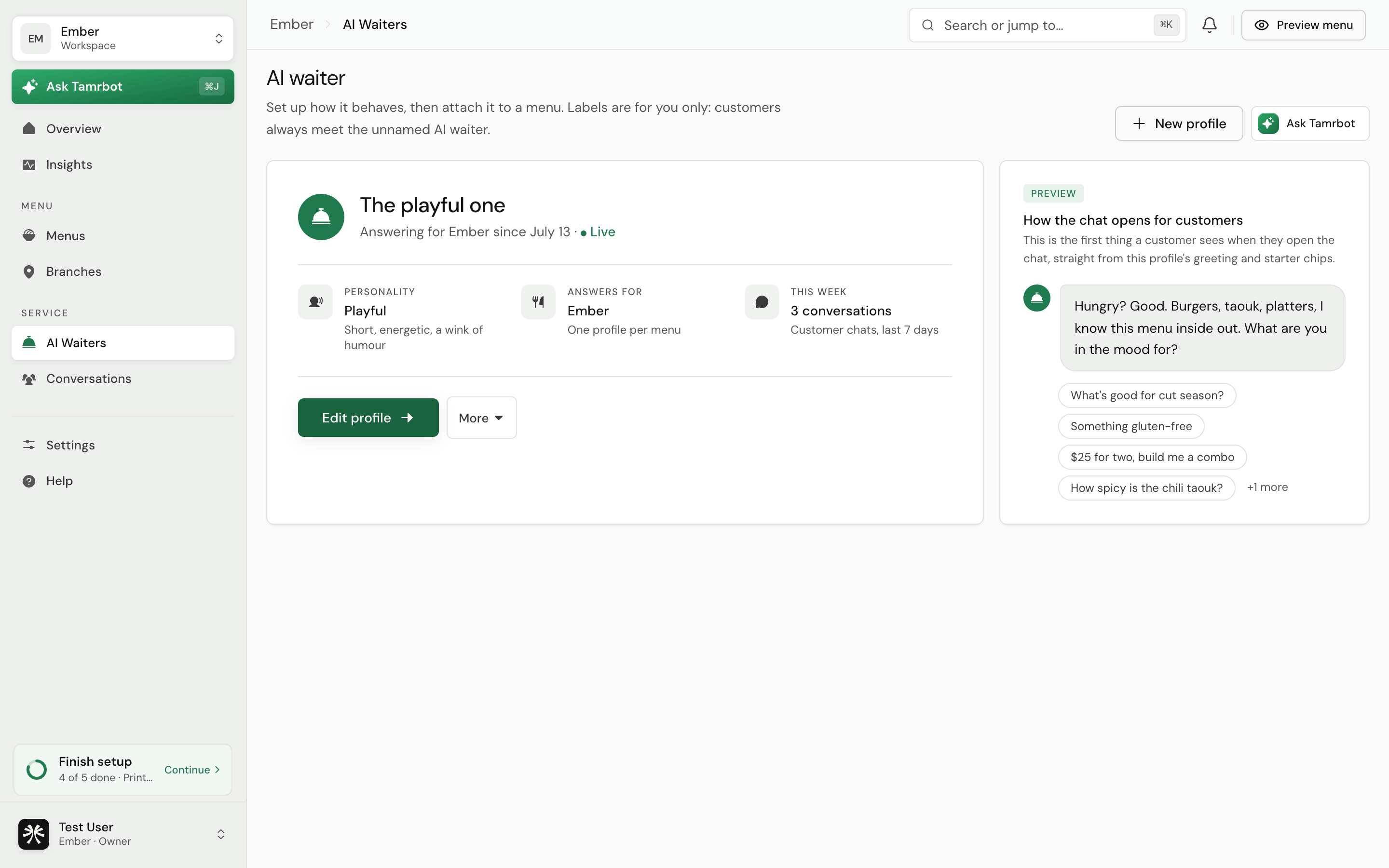 The tamr AI Waiters screen showing a waiter profile summary