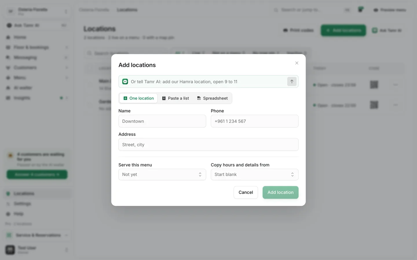 The Add locations dialog with One location, Paste a list and Spreadsheet tabs, Name, Phone and Address fields, Serve this menu and Copy hours and details from