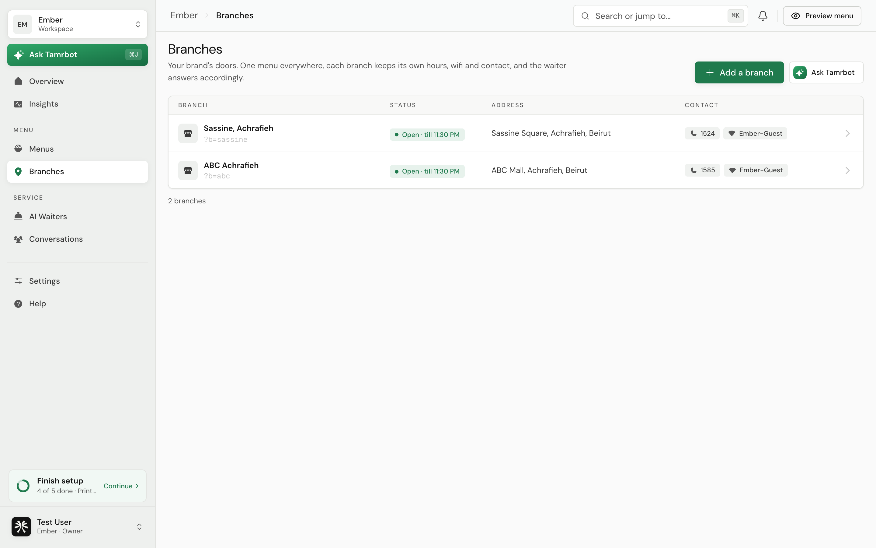 The tamr Branches screen listing restaurant locations
