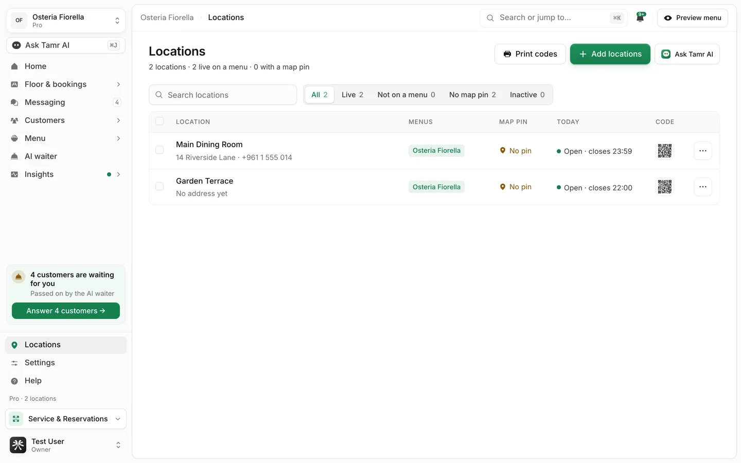 The Locations page: a search field, filter tabs, and a table of two locations with their menus, map pin, opening status and code