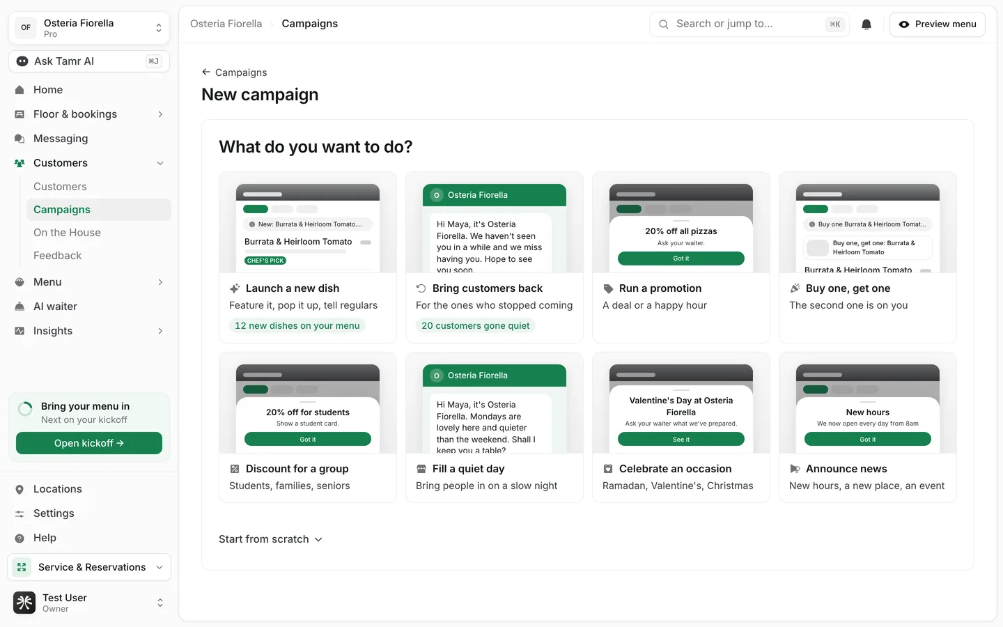 The New campaign page asking What do you want to do? with a grid of goals