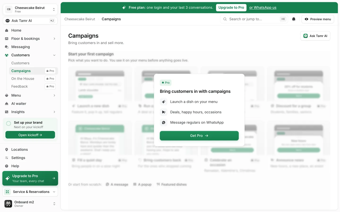 The Campaigns page on the Free plan, blurred behind a Pro card with a Get Pro button