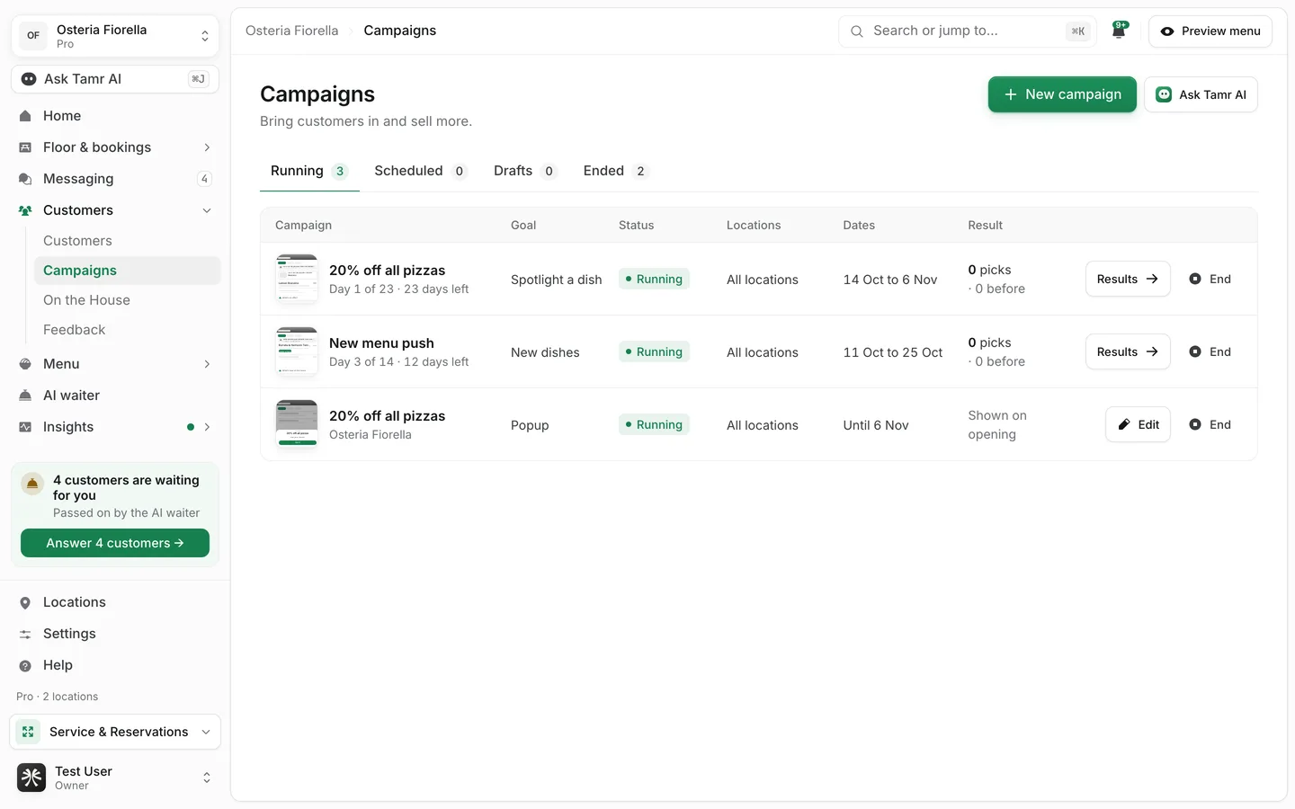 The Campaigns page with Running, Scheduled, Drafts and Ended tabs and a table of running campaigns