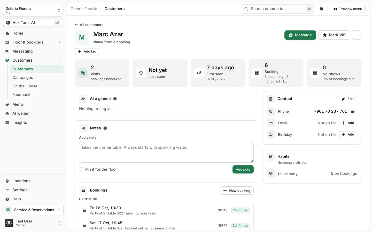A customer profile with Message and Mark VIP buttons, stat tiles, At a glance, Notes, Bookings, Contact and Habits cards