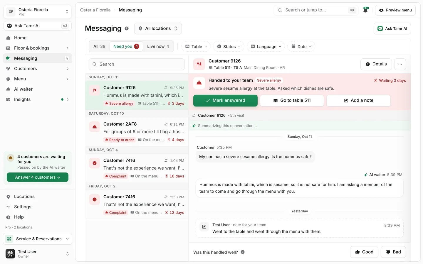 A conversation in the Need you view with the Handed to your team bar above the transcript