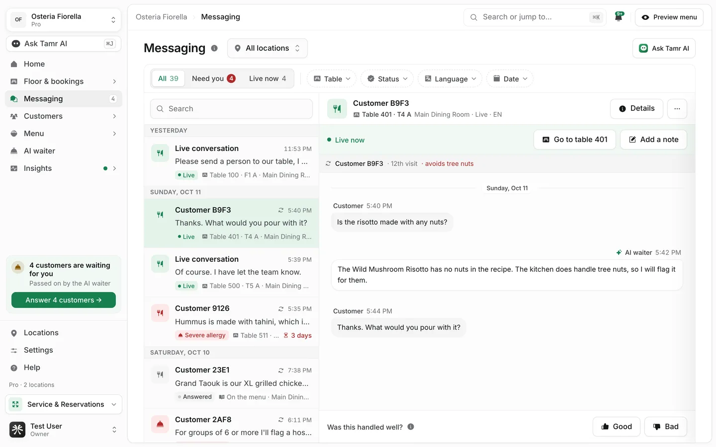 The Messaging page with the list of conversations on the left and a transcript on the right