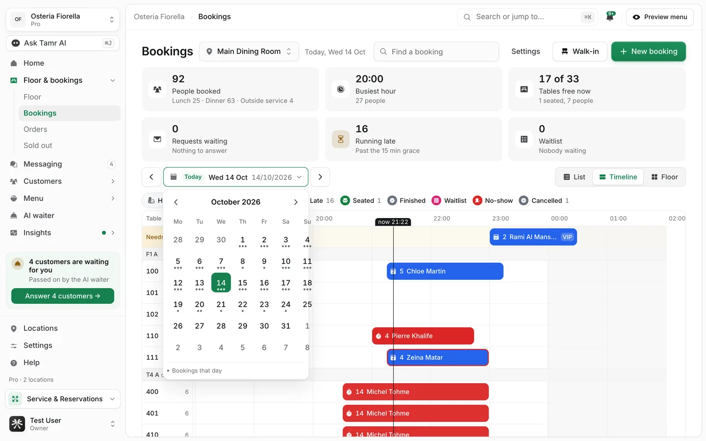 The calendar popover open under the date bar, with dots under days that have bookings
