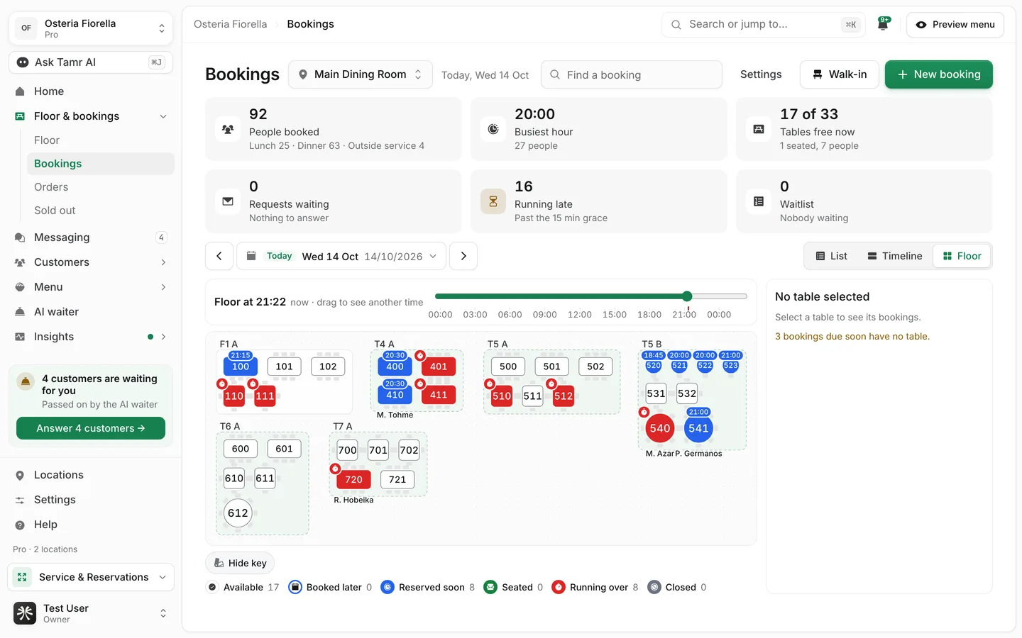 The Floor view of Bookings with the Floor at 21:22 time slider above the plan and a colour key below