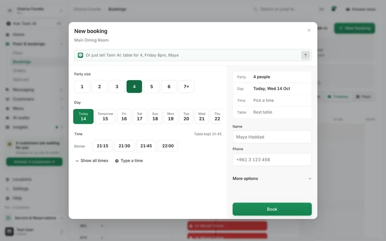 The New booking dialog with party size buttons 1 to 7+, a day strip, a summary of party, day, time and table, and Name and Phone fields