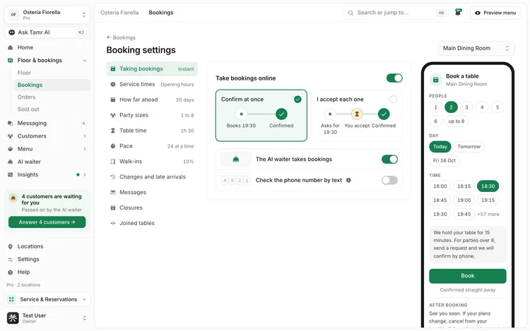 Booking settings: a section list on the left, Take bookings online with Confirm at once and I accept each one, and a phone preview of the booking form