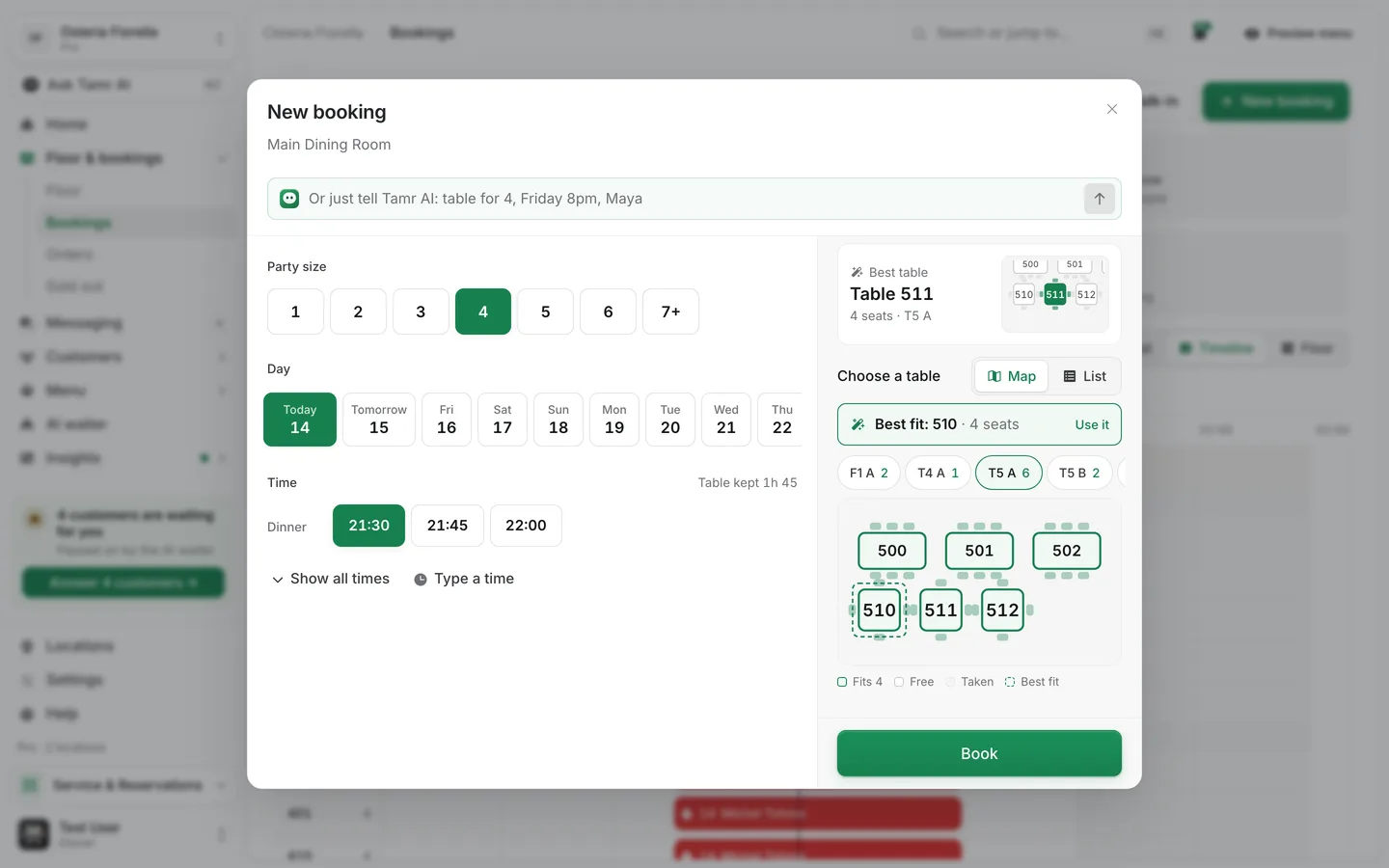 The table picker in the New booking dialog: Best table 511, a Best fit suggestion, zone tabs and a small floor map of zone T5 A