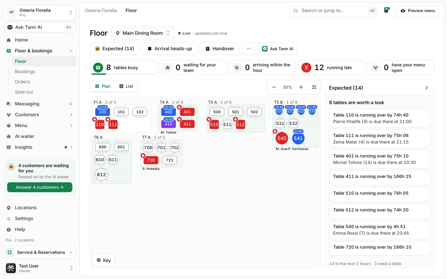 The Floor page in the dashboard: counters across the top, the floor plan with coloured tables by zone, and the Expected list on the right