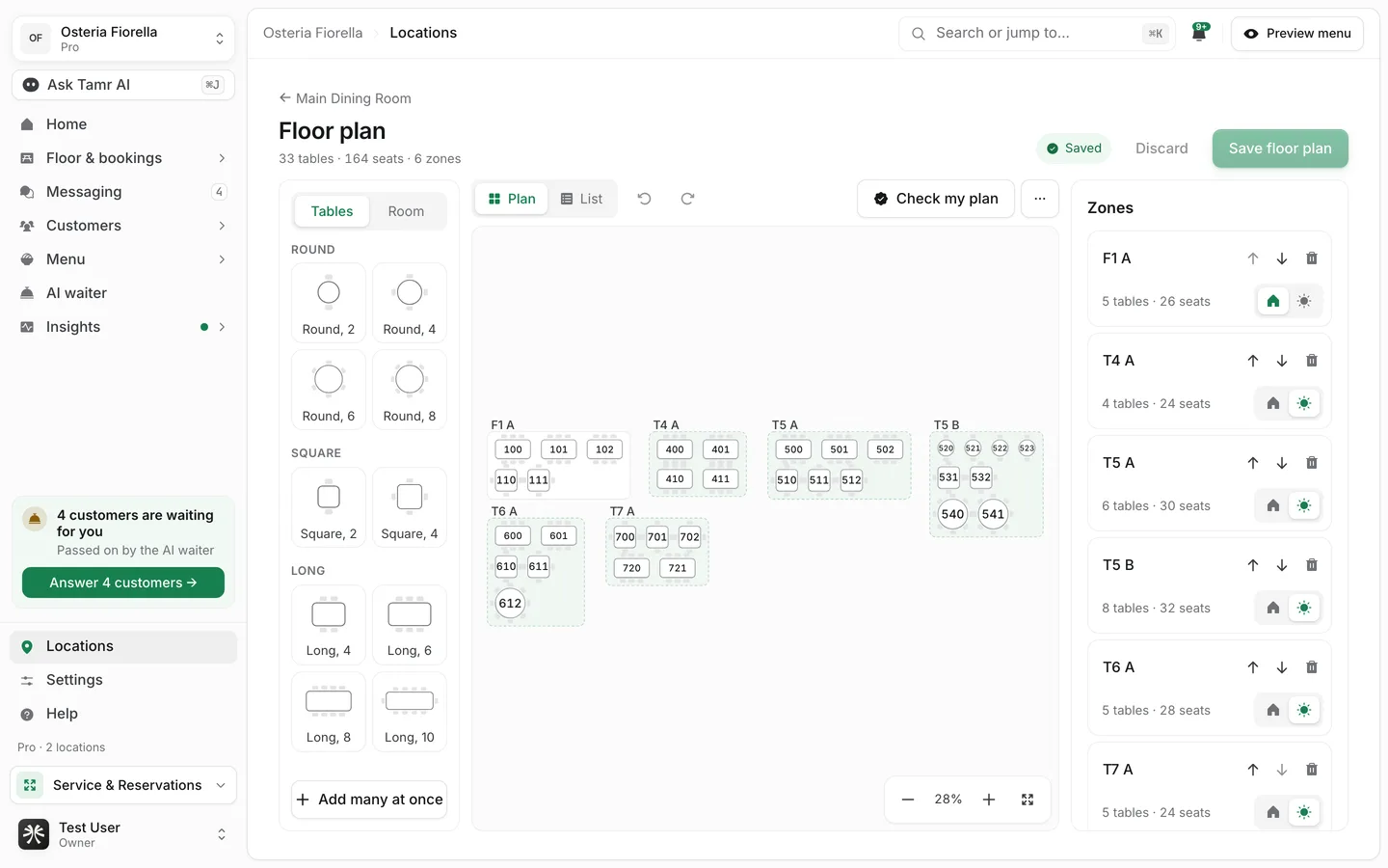 The floor plan editor: table shapes on the left, the plan with six zones in the middle, and the Zones list on the right
