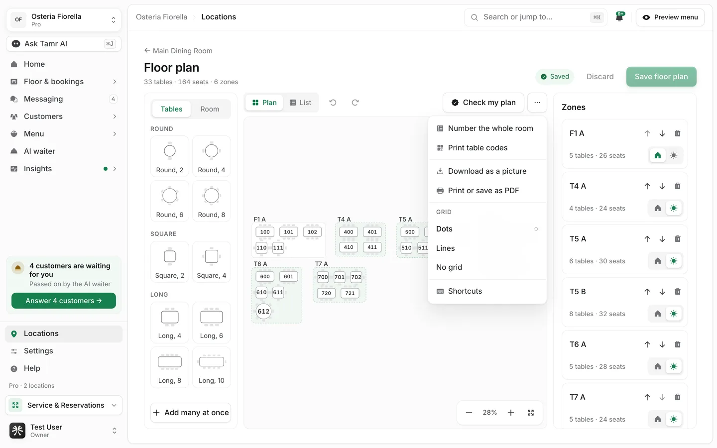 The More menu in the floor plan editor with Number the whole room, Print table codes, Download as a picture, Print or save as PDF, Grid options and Shortcuts