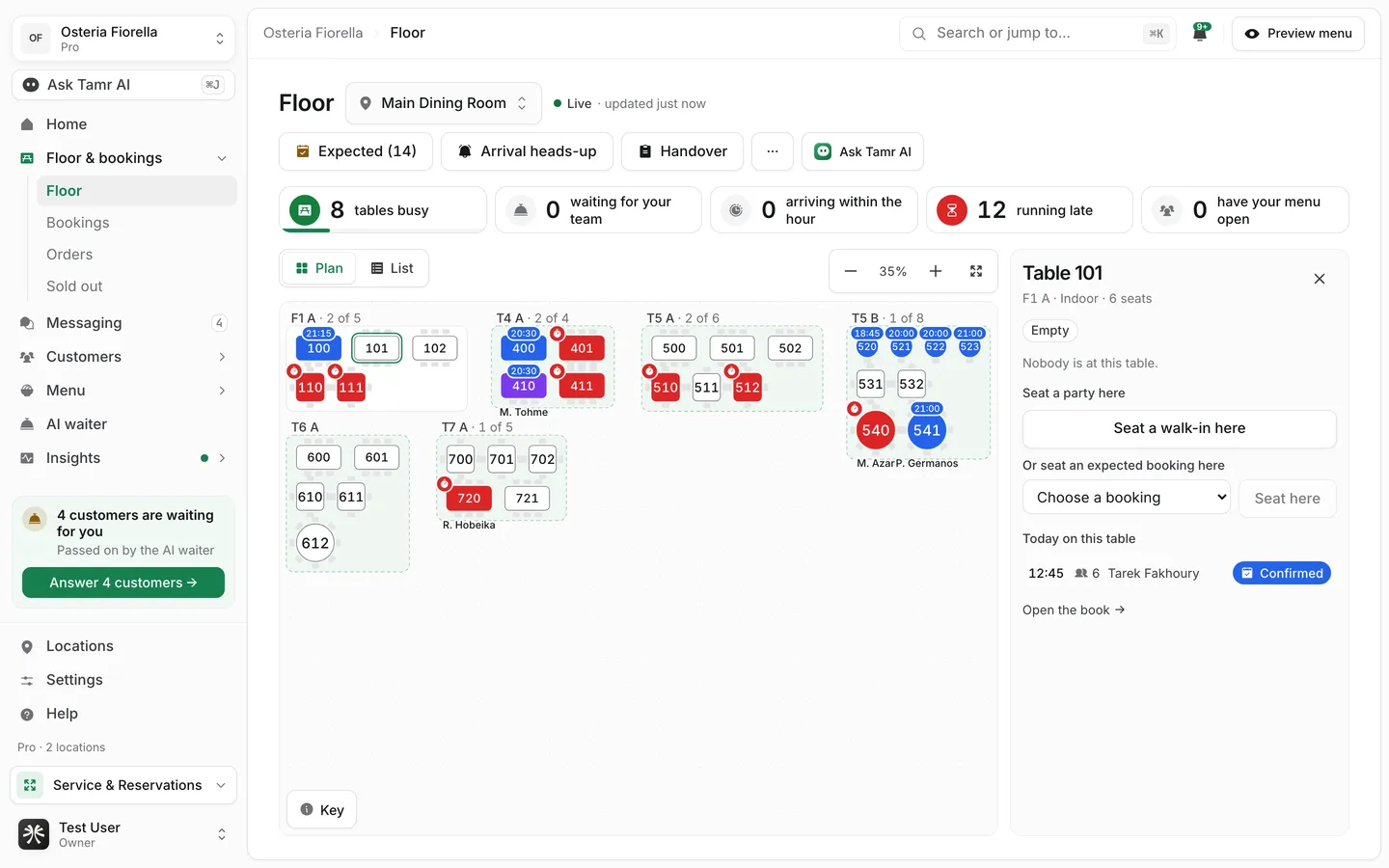 Table 101 open on the live floor, showing Empty, Seat a walk-in here, a booking picker and the table's bookings today