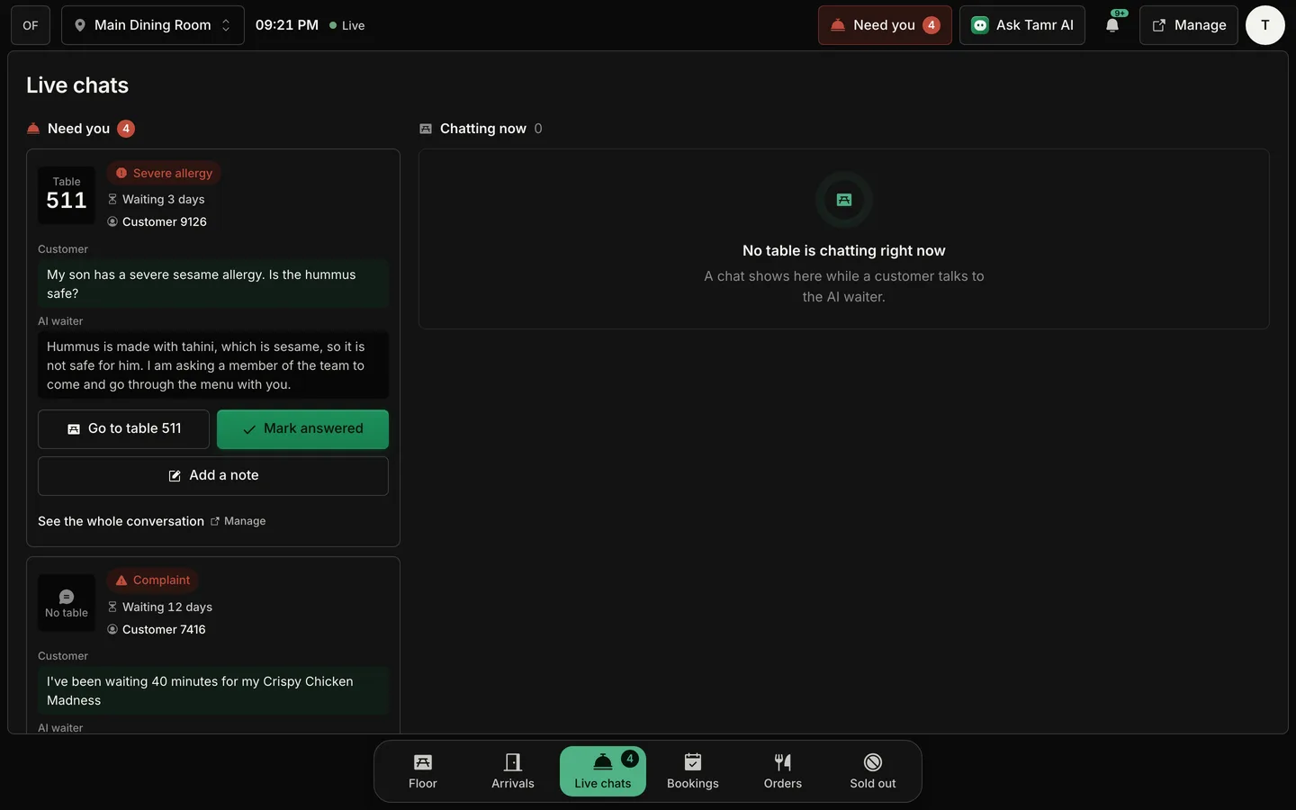 The Live chats screen in Service: a Need you column of handover cards with Go to table, Mark answered and Add a note, and an empty Chatting now column
