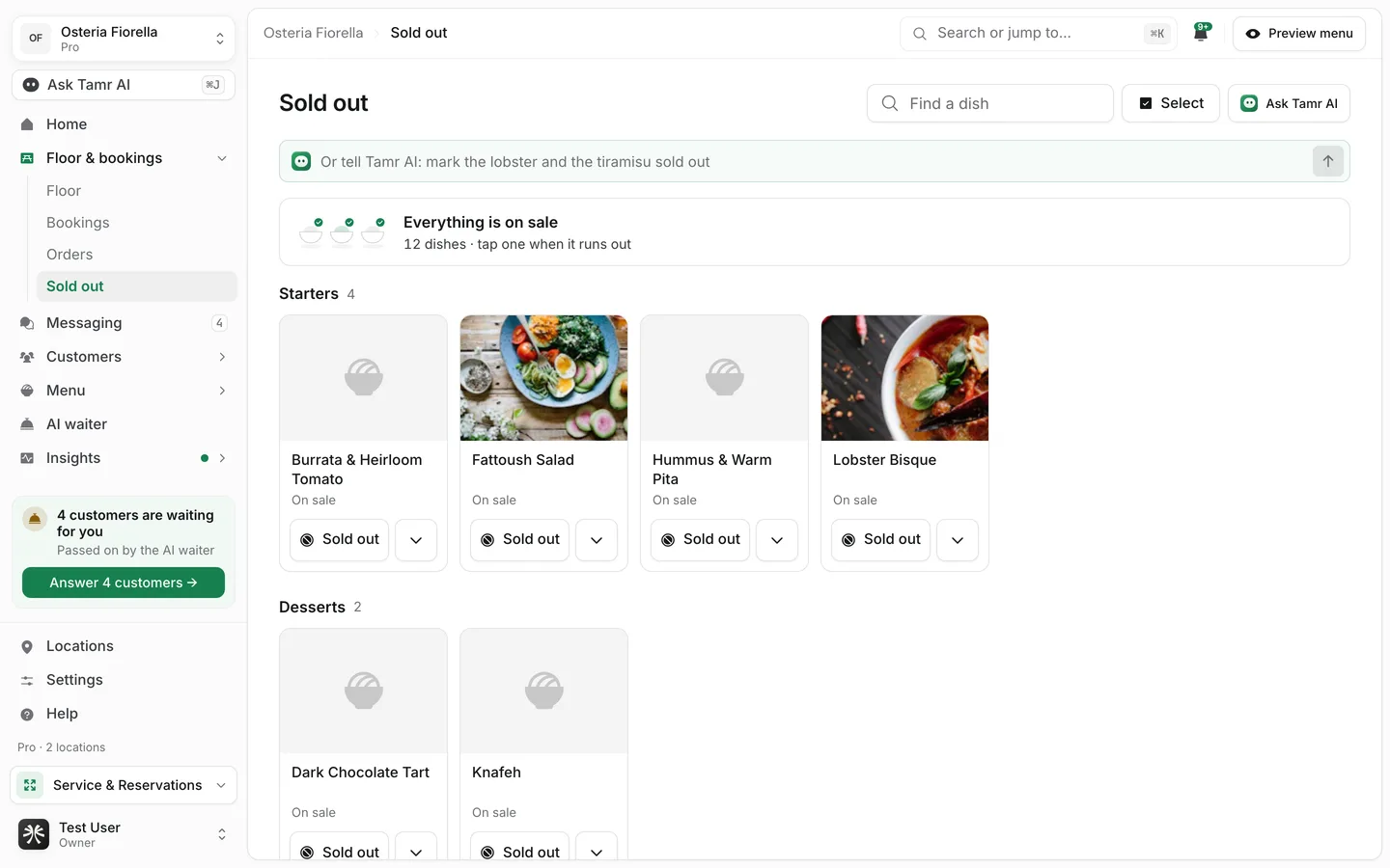 The Sold out page: a Find a dish search, a Tamr AI field, Everything is on sale with 12 dishes, and dish cards each with a Sold out button