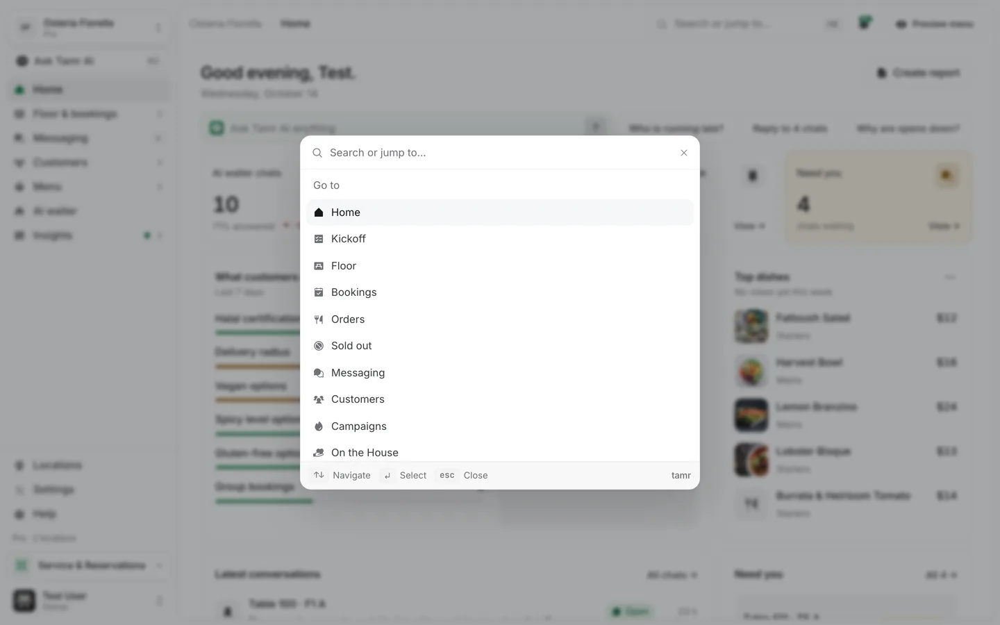 The search palette open over the dashboard, with a search field and groups of pages, menus and quick actions