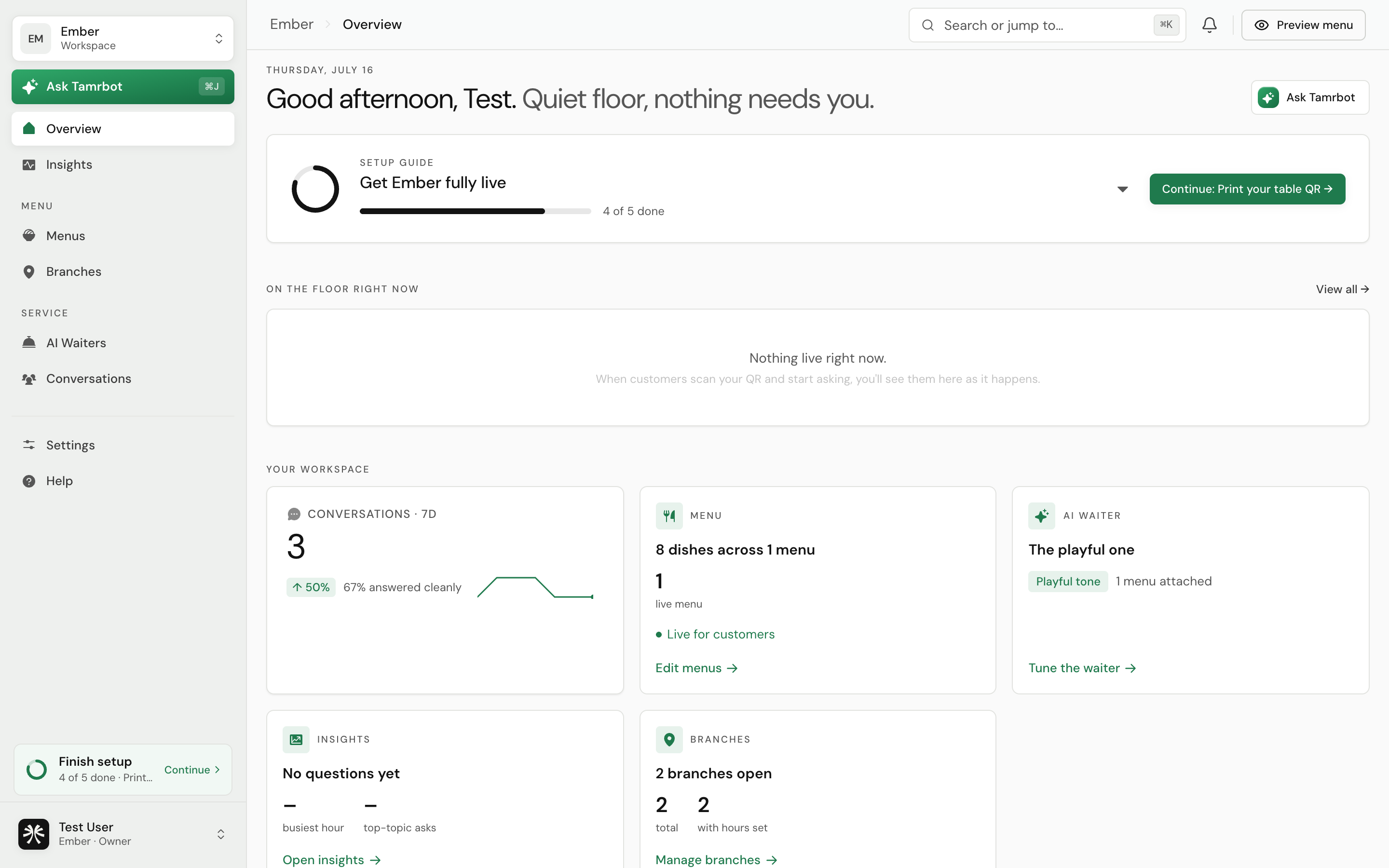 The tamr owner dashboard Overview page, with the left navigation and workspace summary cards