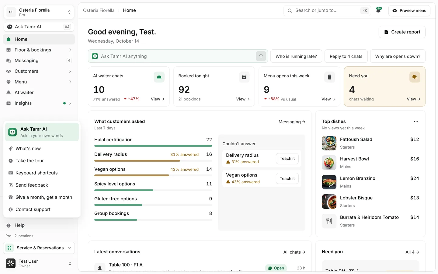 The Help menu open: Ask Tamr AI, What's new, Take the tour, Keyboard shortcuts, Send feedback, Give a month, get a month, and Contact support