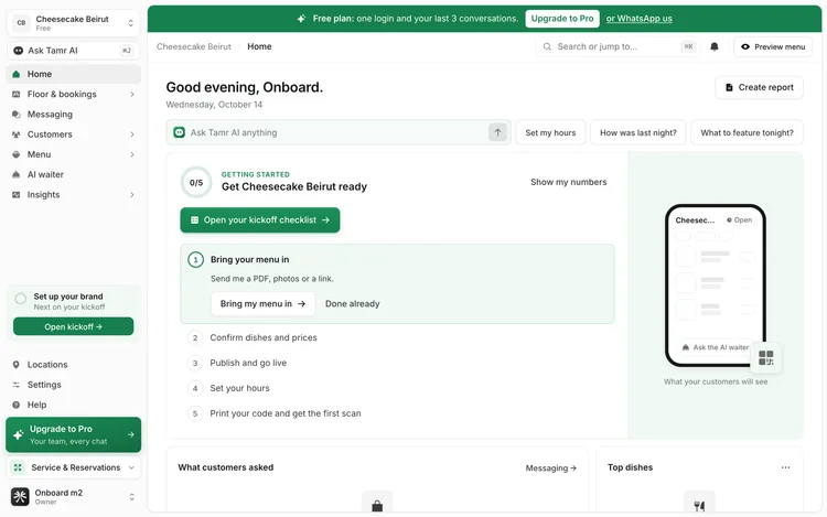 Home for a new Free restaurant: the Getting started guide at 0 of 5 with Open your kickoff checklist, the first step Bring your menu in open, a phone preview of the menu, and the sidebar card Set up your brand with Open kickoff
