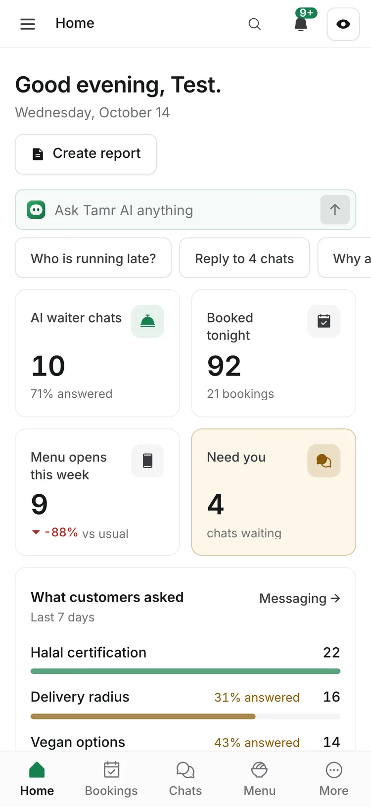 Home on a phone: the greeting, Create report, the Ask Tamr AI field, four stat cards, and the tab bar with Home, Bookings, Chats, Menu and More
