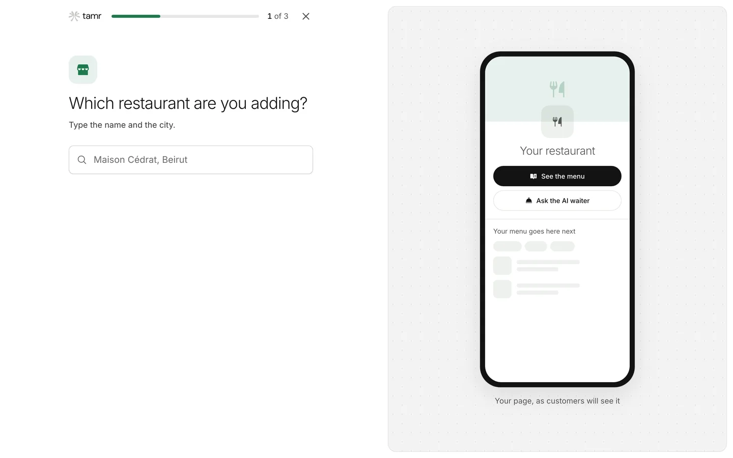 The add restaurant screen asking which restaurant you are adding, with a search field for the name and city