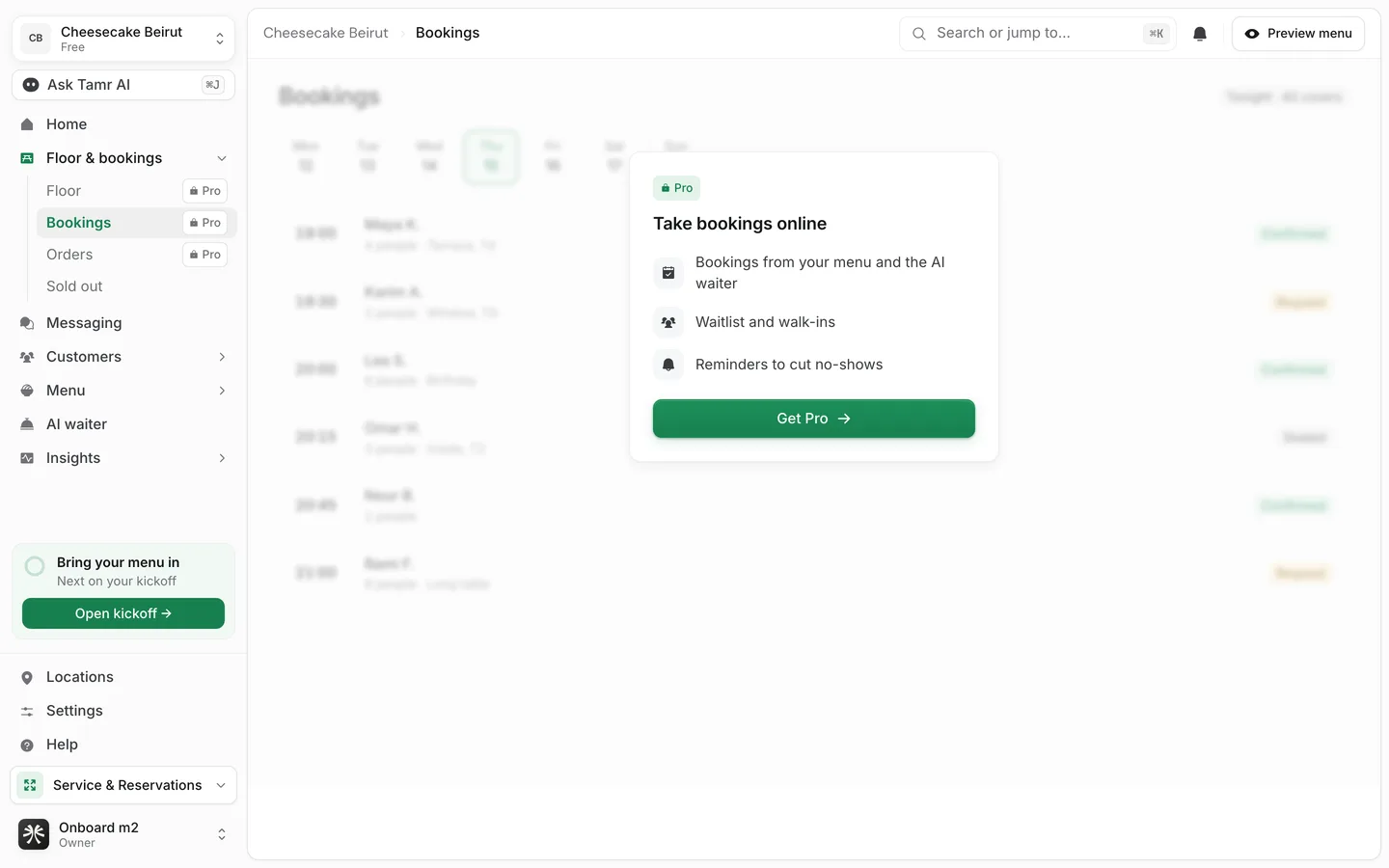 A Free restaurant's Bookings page: the sidebar shows Floor, Bookings and Orders with a Pro mark, and the page is blurred behind a Take bookings online card with a Get Pro button